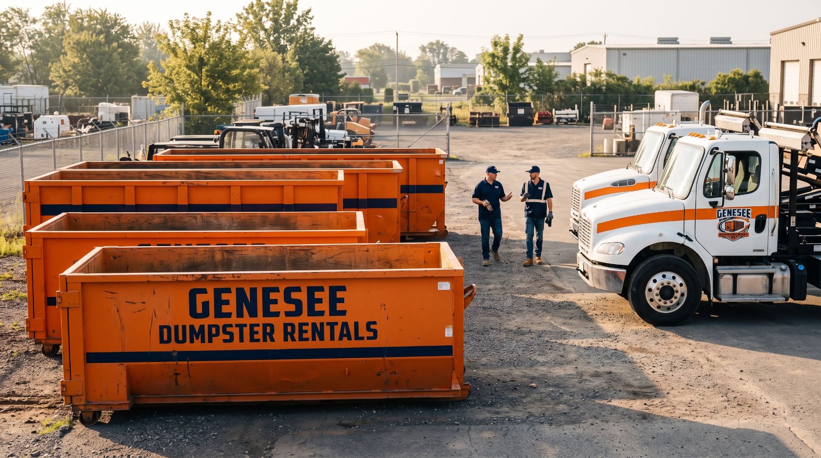 Genesee Dumpster Rentals trucks and dumpsters at an equipment yard