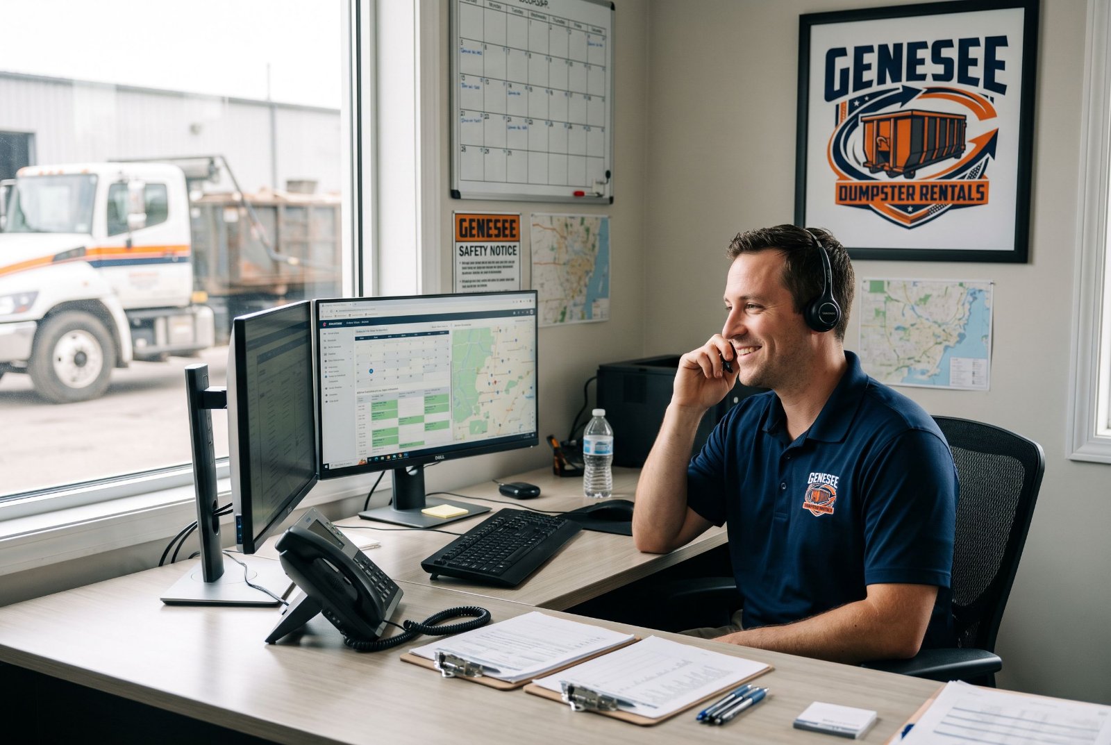 Dispatcher with a headset at a scheduling desk
